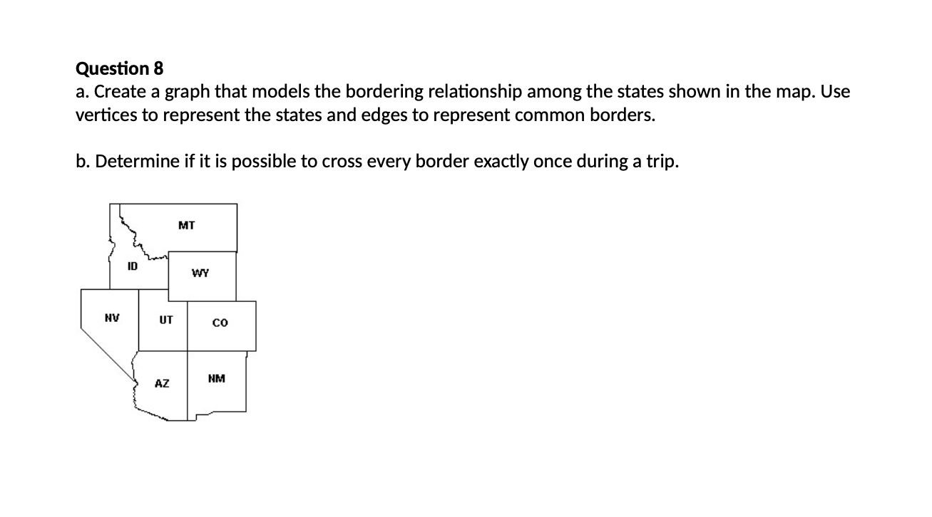 Question 8
a. Create a graph that models the bordering relationship among the states shown in the map. Use
vertices to repres