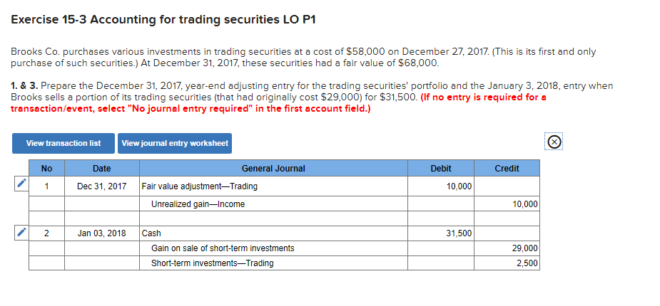 Solved Exercise 15-3 Accounting for trading securities LO P1 