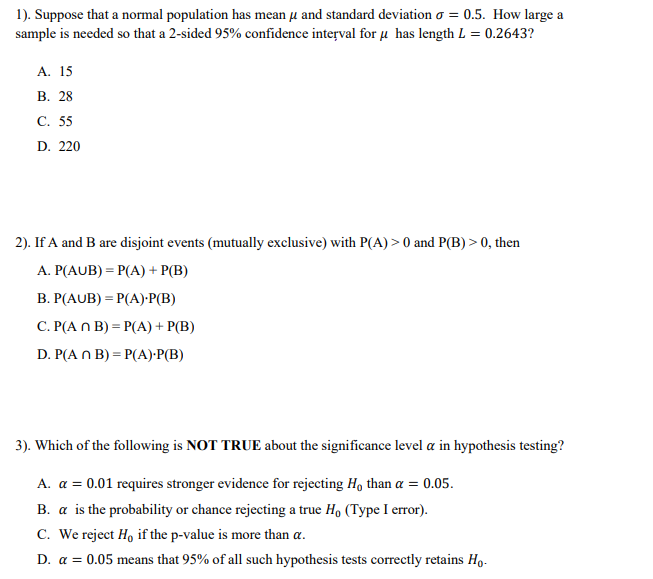 Solved 1). Suppose that a normal population has mean u and | Chegg.com