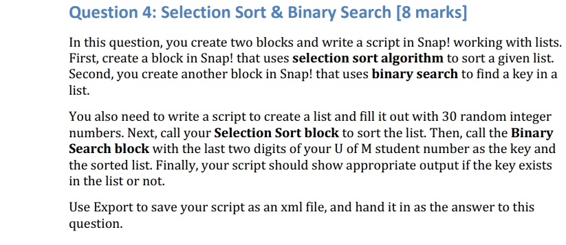 Solved Question 4: Selection Sort & Binary Search [8 marks] | Chegg.com