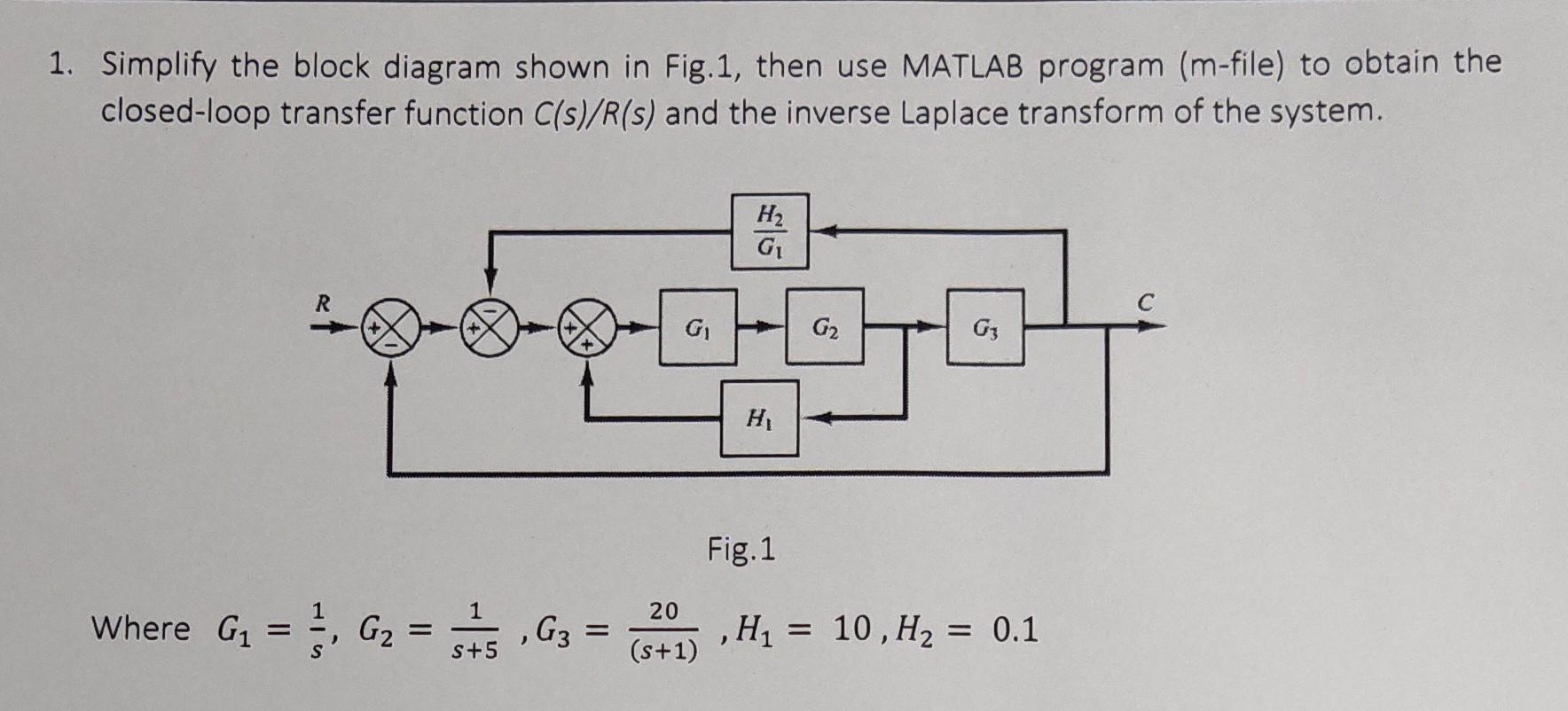 Solved 1: Simplify the block diagram shown in Fig. 1, then | Chegg.com