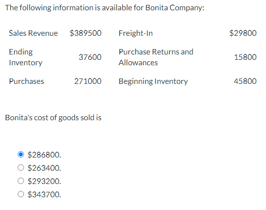 Solved The Following Information Is Available For Bonita | Chegg.com