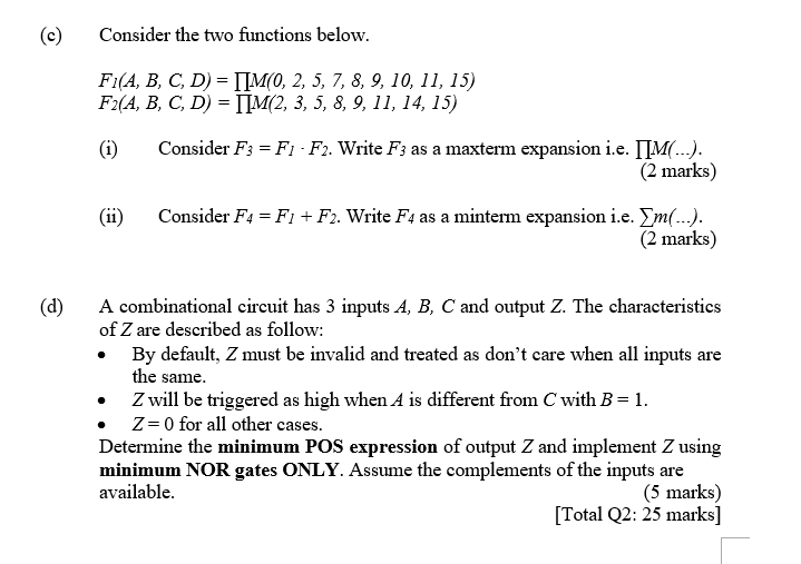 Solved (c) Consider the two functions below. = Fi(A, B, C, D | Chegg.com