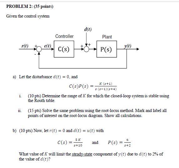 Solved PROBLEM 2: (35 points) Given the control system d(t) | Chegg.com