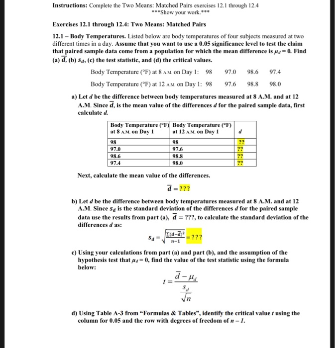 Solved Instructions: Complete the Two Means: Matched Pairs | Chegg.com