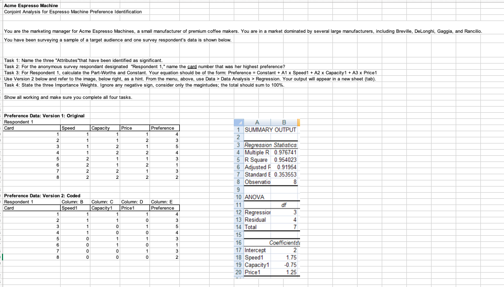 Acme Espresso Machine Conjoint Analysis for Espresso | Chegg.com