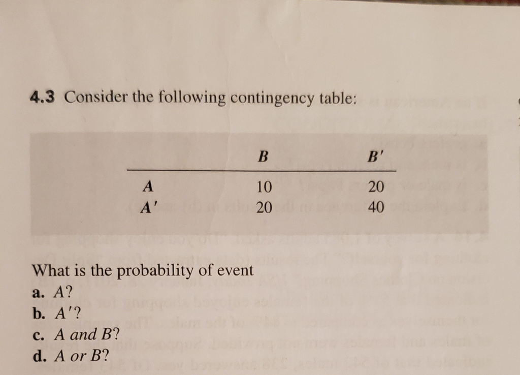 Solved 4.3 Consider The Following Contingency Table: B' What | Chegg.com