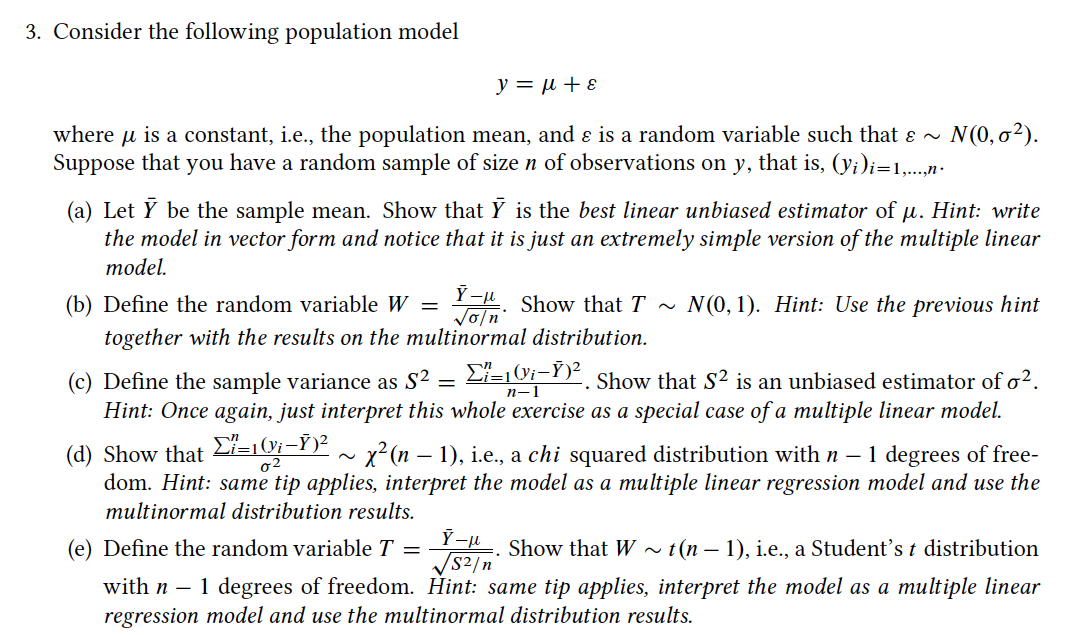 Consider The Following Population Model Y M ɛ W Chegg Com