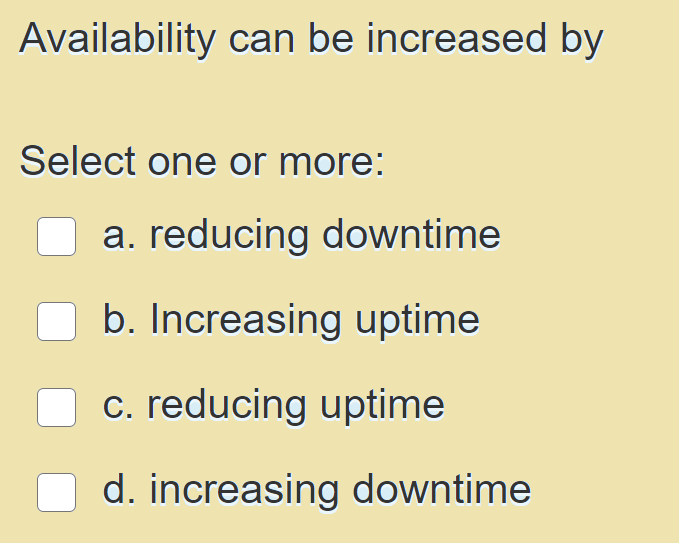 Solved Availability can be increased by Select one or more: | Chegg.com