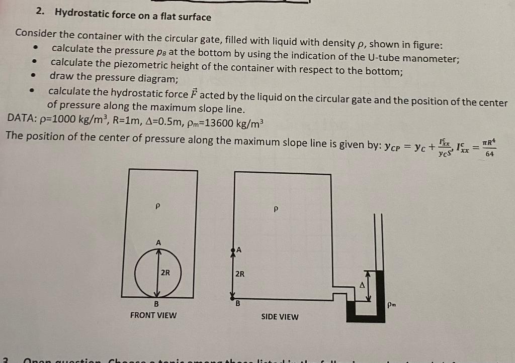 Solved 2. Hydrostatic force on a flat surface Consider the | Chegg.com