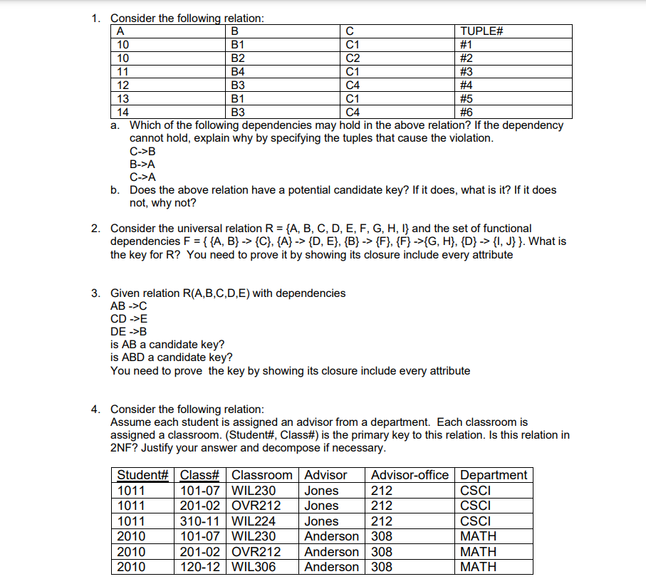 Solved 1. Consider The Following Relation: A B с TUPLE# 10 | Chegg.com