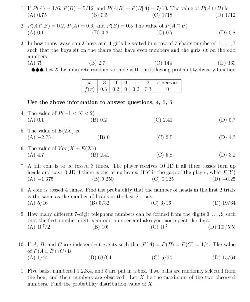 Solved 1 If P A 1 6 P B 5 12 And P Ab P Ba Chegg Com