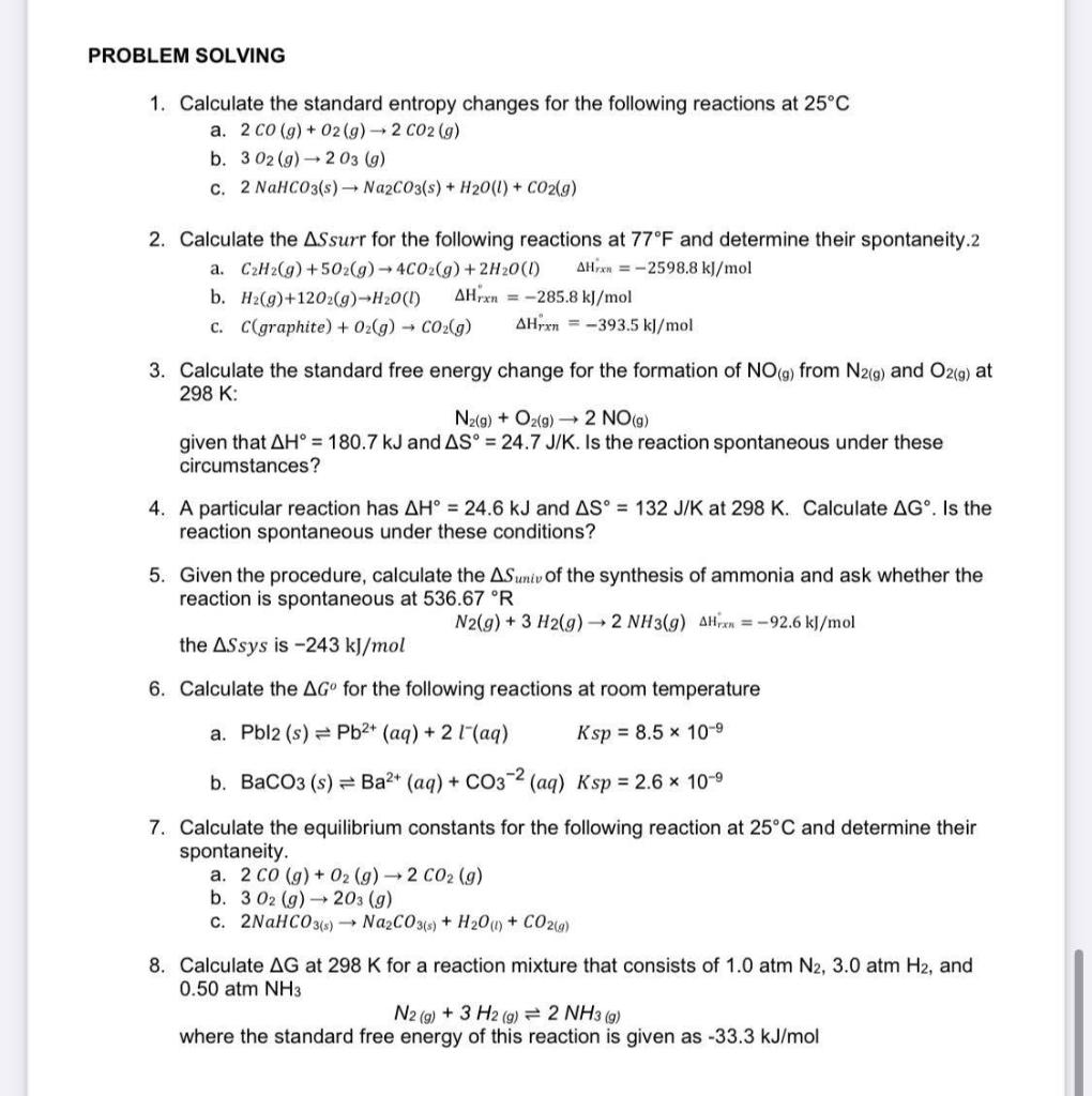 Solved 1. Calculate the standard entropy changes for the | Chegg.com