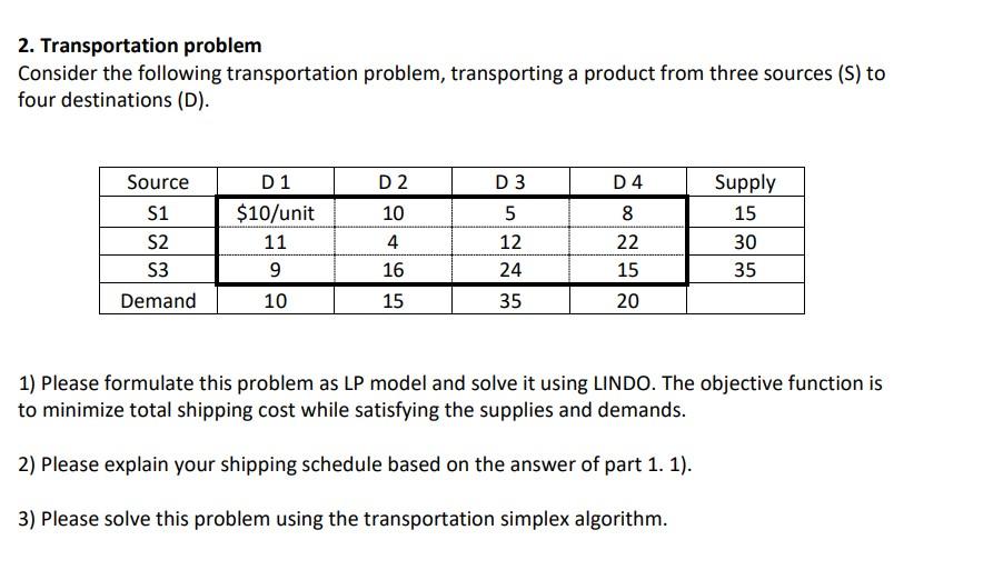 Solved 2. Transportation Problem Consider The Following | Chegg.com