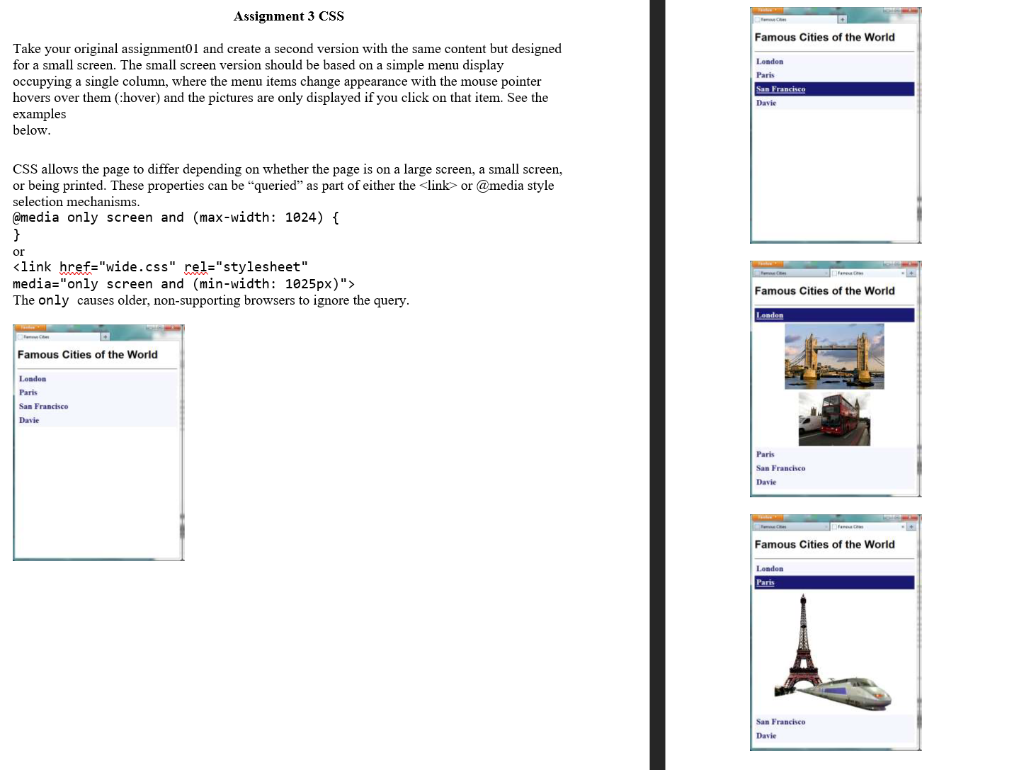 Solved Assignment 3 CSS Famous Cities the World Take your | Chegg.com