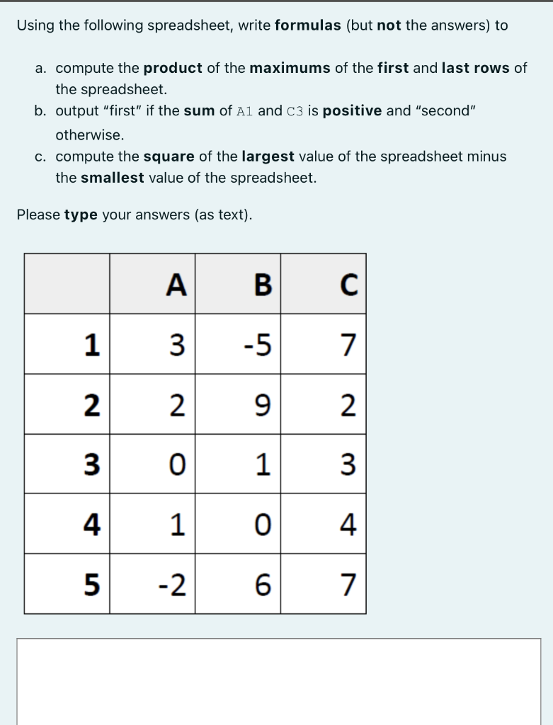 Solved Using The Following Spreadsheet, Write Formulas (but | Chegg.com