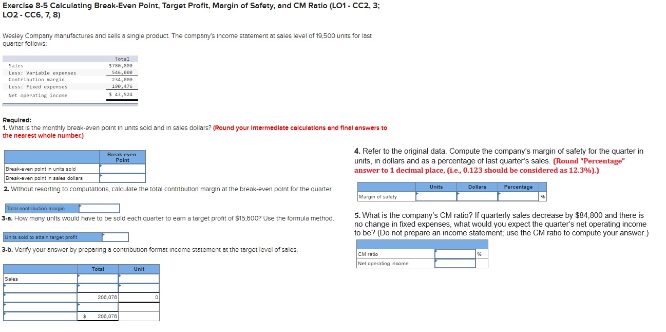 Solved Exercise 8-5 Calculating Break-Even Point, Target | Chegg.com