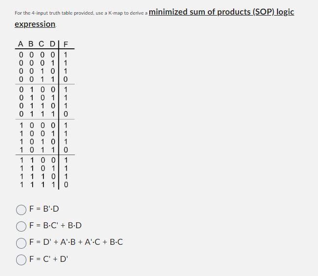 For the 4-input truth table provided, use a K-map to derive a minimized sum of products (SOP) logic expression.
\[
\begin{arr