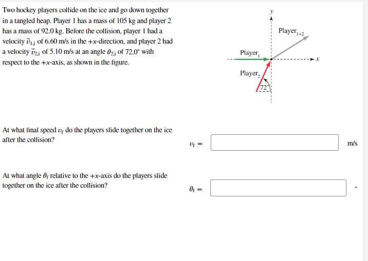 Two hockey players collide on the ice and go down together in a tangled heap. Player 1 has a mass of \( 105 \mathrm{~kg} \) a