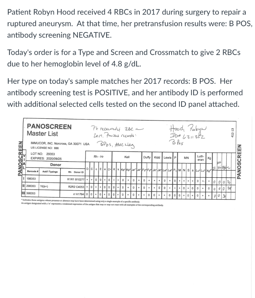 Solved Patient Robyn Hood received 4 RBCs in 2017 during | Chegg.com