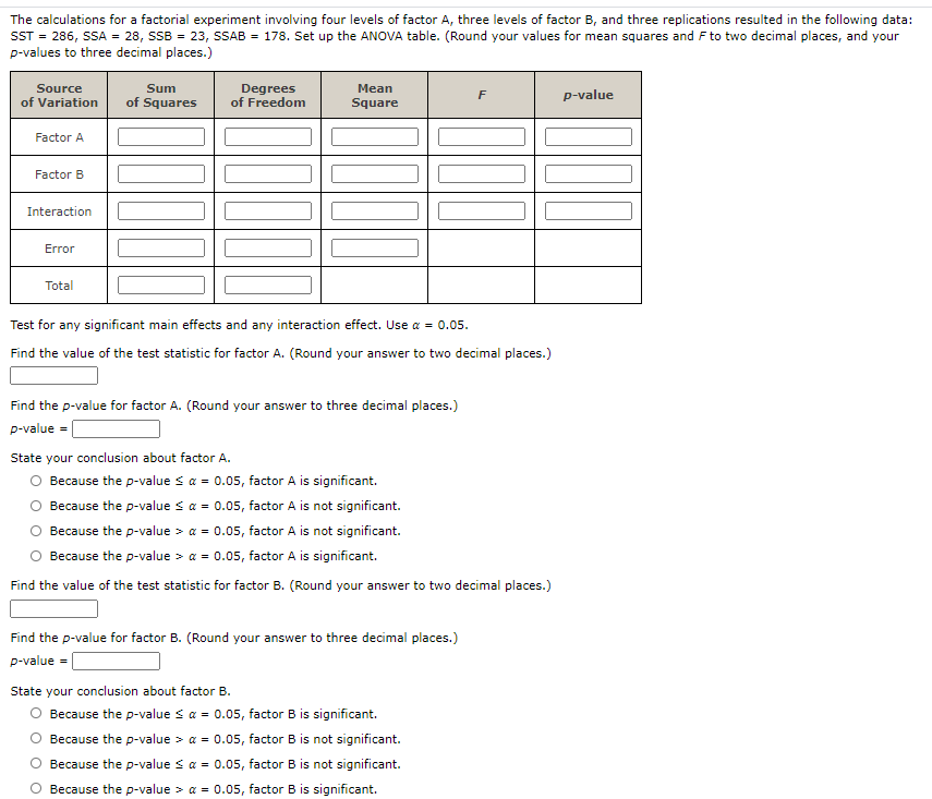 Solved The calculations for a factorial experiment involving | Chegg.com