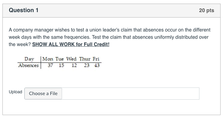 Solved Question 1 20 pts A company manager wishes to test a | Chegg.com