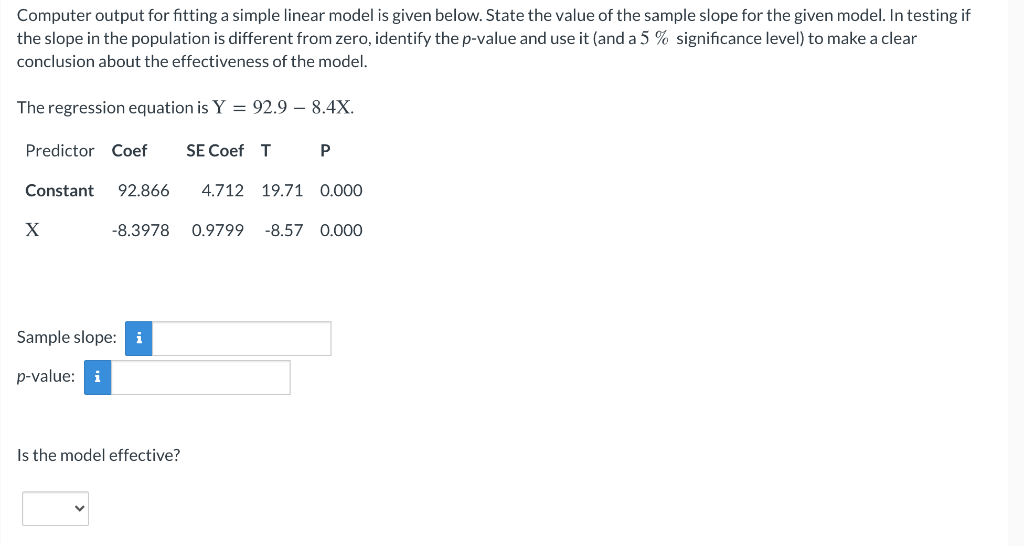 Solved Computer output for fitting a simple linear model is | Chegg.com