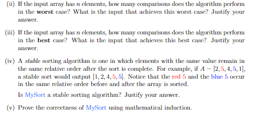 Solved Consider the in-place sorting algorithm MySort. | Chegg.com