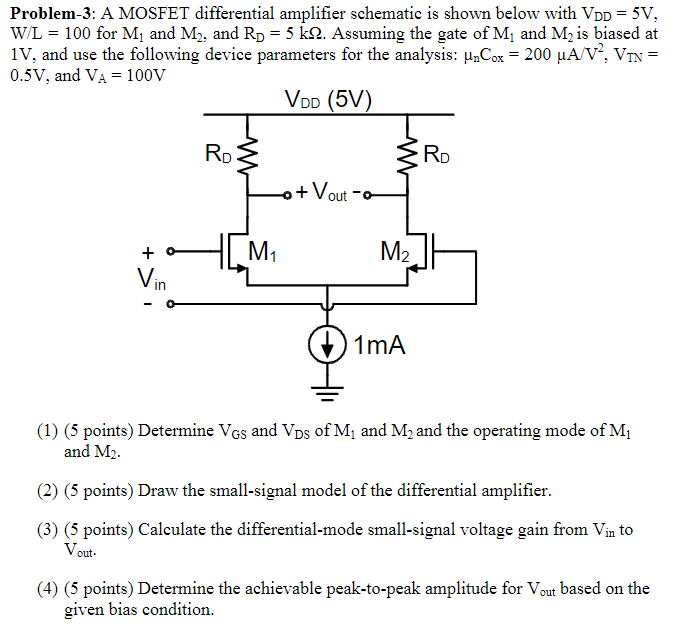 Solved Problem-3: A MOSFET differential amplifier schematic | Chegg.com