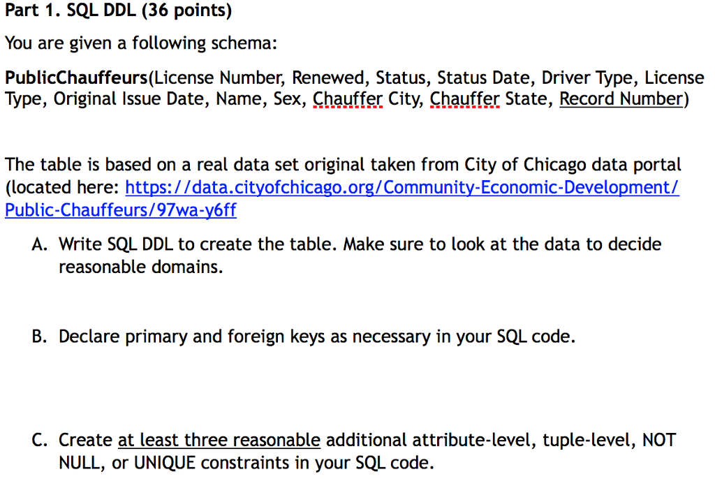 Solved Part 1. SQL DDL (36 points) You are given a following | Chegg.com