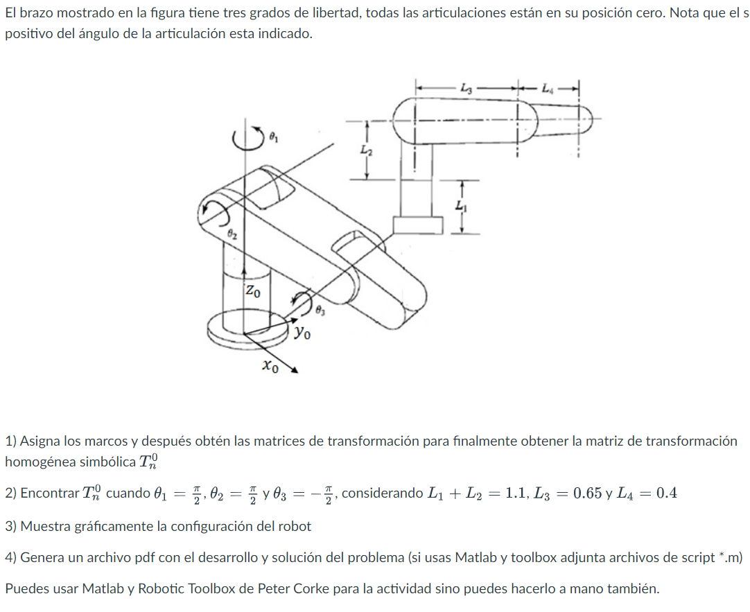 El brazo mostrado en la figura tiene tres grados de libertad, todas las articulaciones están en su posición cero. Nota que el