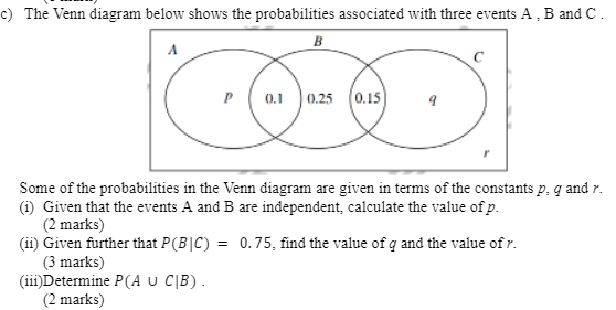 Solved c) The Venn diagram below shows the probabilities | Chegg.com