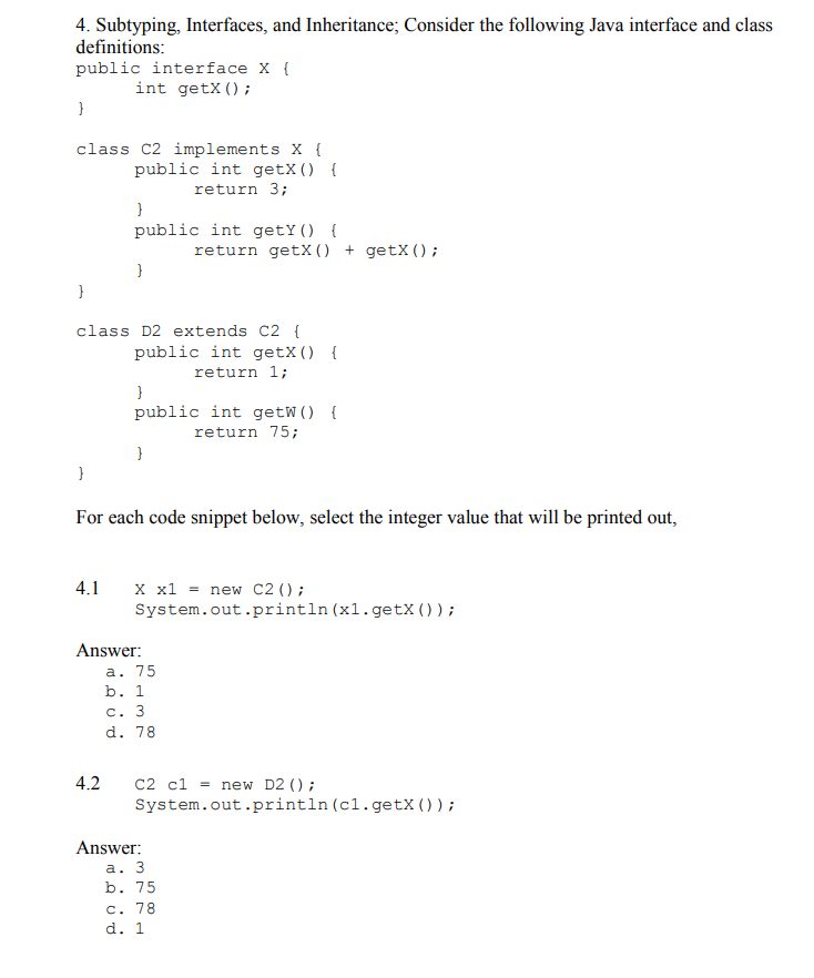 Solved 4. Subtyping, Interfaces, and Inheritance; Consider | Chegg.com