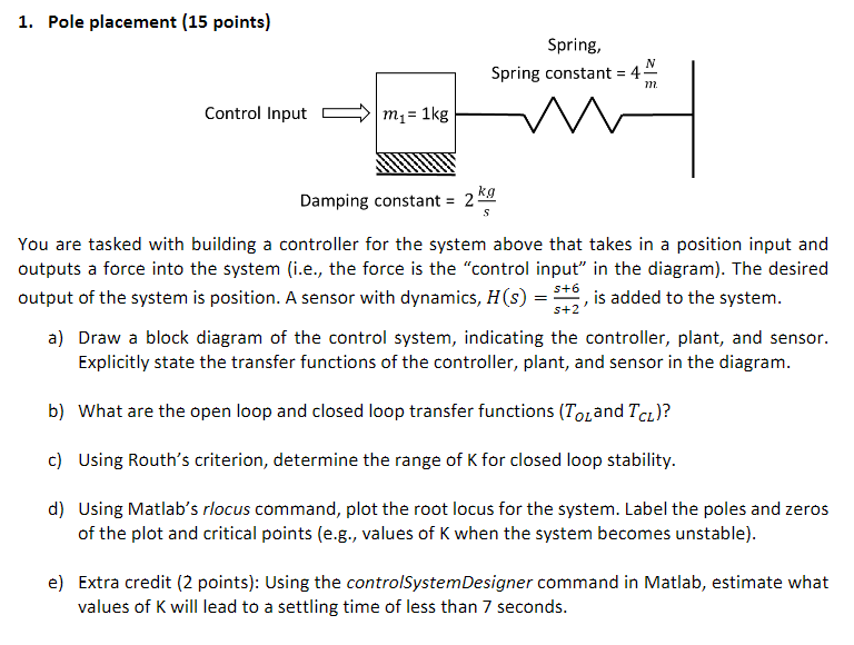 Solved 1. Pole placement (15 points) Spring, Spring constant | Chegg.com
