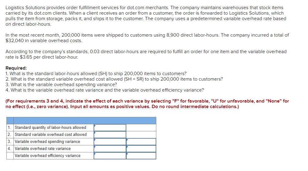 Solved Logistics Solutions provides order fulfillment | Chegg.com