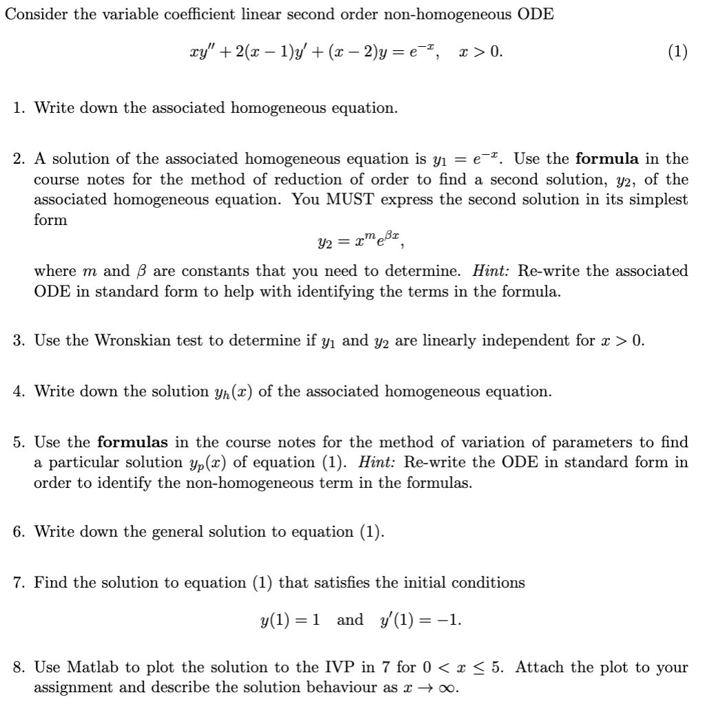 Solved Consider The Variable Coefficient Linear Second Order | Chegg.com