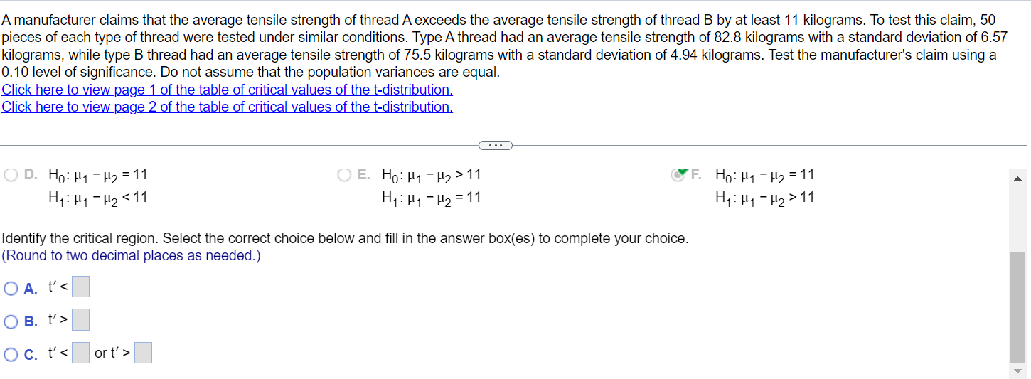 Solved A manufacturer claims that the average tensile | Chegg.com