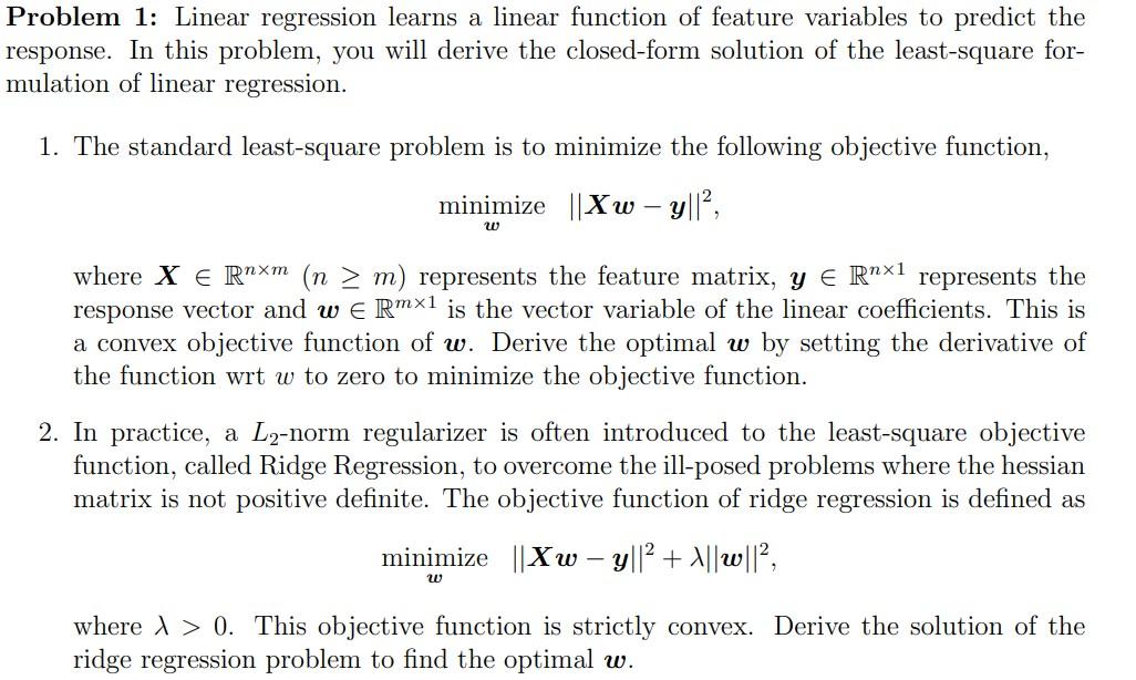 Problem 1: Linear regression learns a linear function | Chegg.com