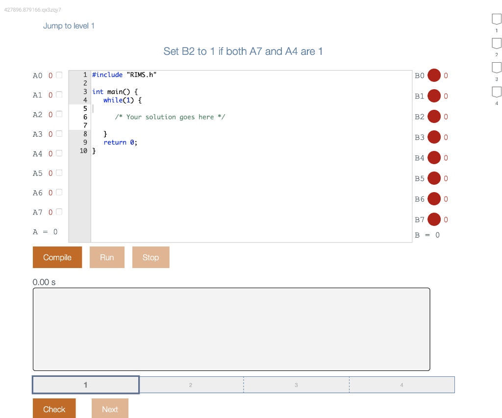 Solved Create a C code, that will set B2 to 1 if A7 and A4 | Chegg.com