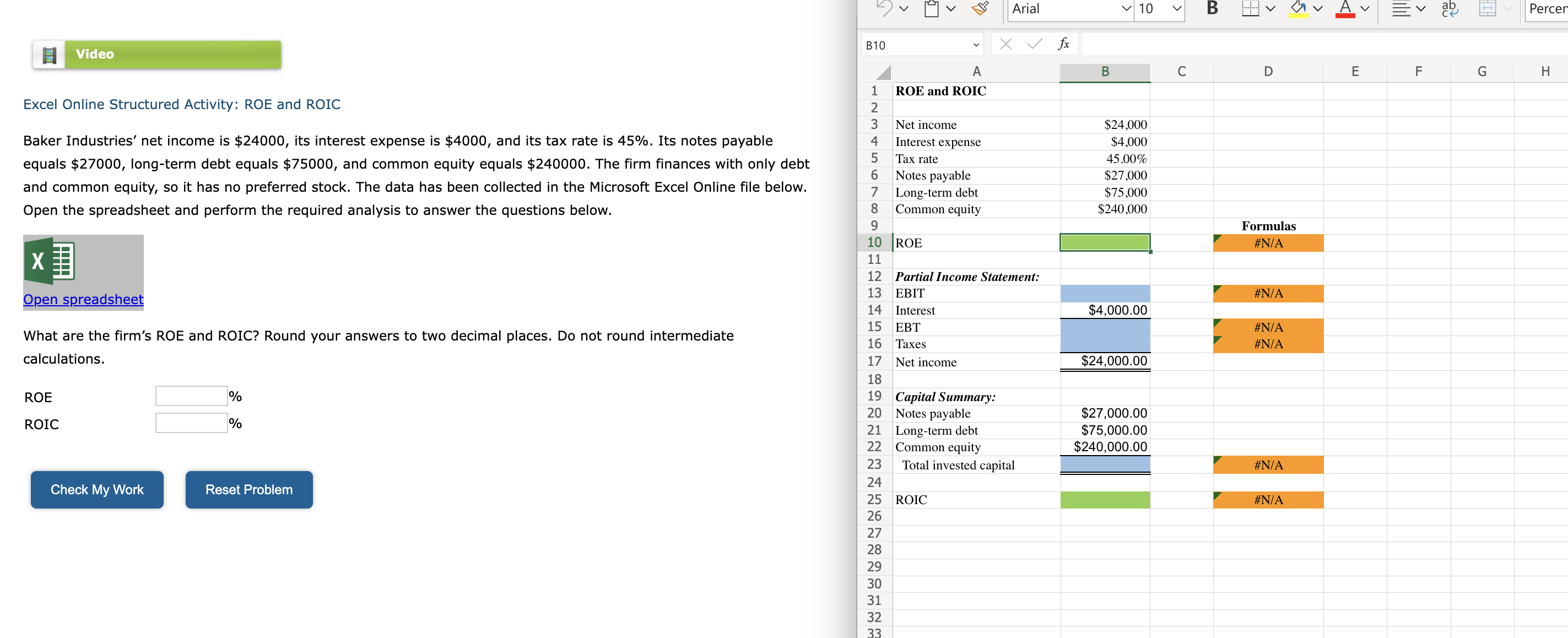 Solved Excel Online Structured Activity ROE and ROIC Baker