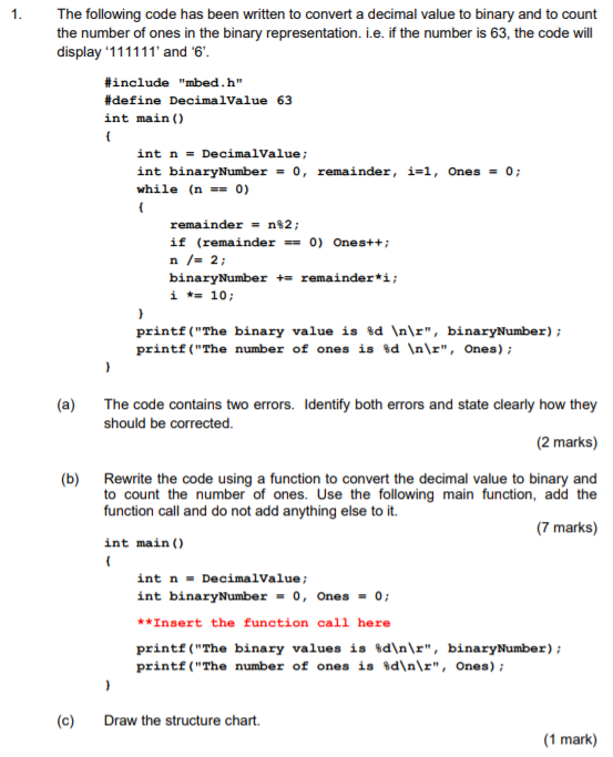 Solved 1. The following code has been written to convert a | Chegg.com