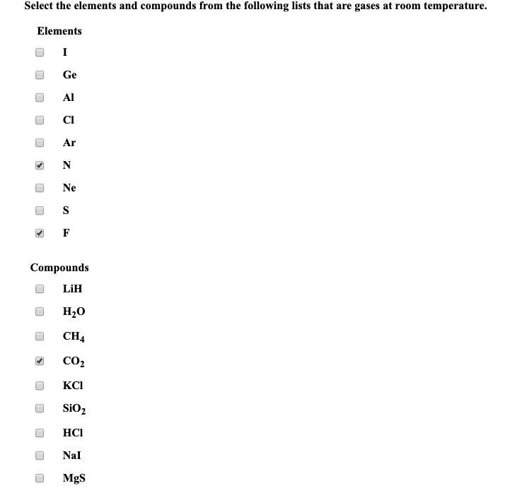 Solved Select the elements and compounds from the following | Chegg.com