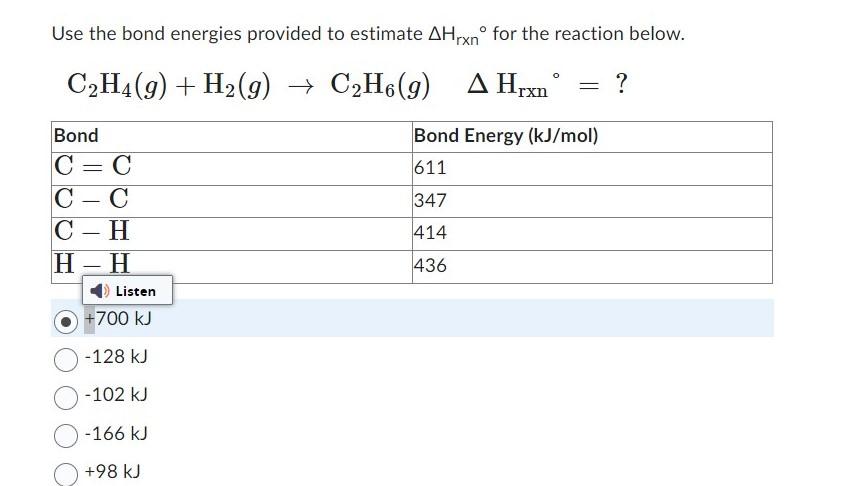 Solved Use The Bond Energies Provided To Estimate ΔHrxn∘ For | Chegg.com