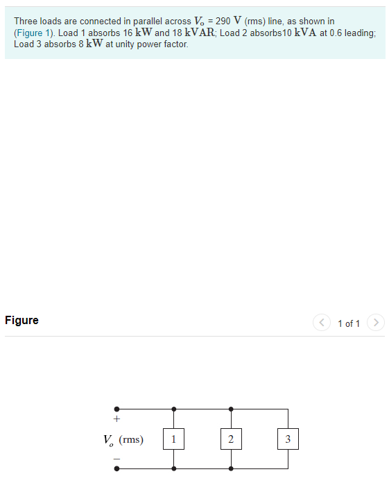 Solved Three Loads Are Connected In Parallel Across V. = 290 | Chegg.com