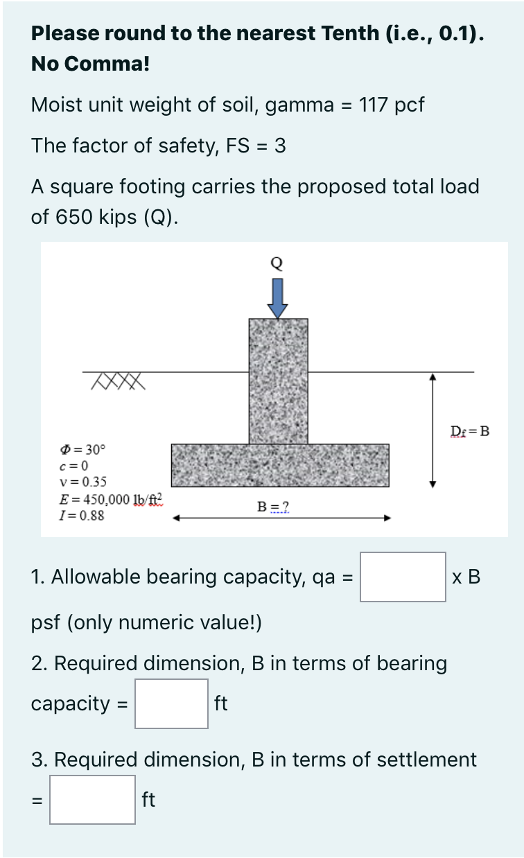 Solved Moist unit weight of soil, gamma = 117 pcf The factor | Chegg.com