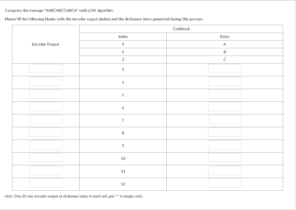 Solved Compress The Message "AABCABCCABCA" With LZW | Chegg.com