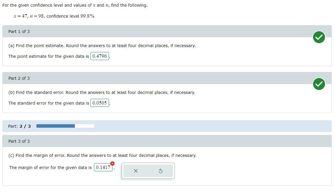 Solved For the given confidence level and values of x and n, | Chegg.com