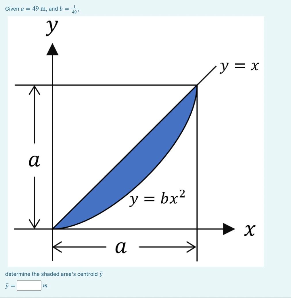 Given \( a=49 \mathrm{~m} \). and \( b=\frac{1}{1} \). determine the shaded areas centroid \( y \) \[ \bar{y}=\quad m \]