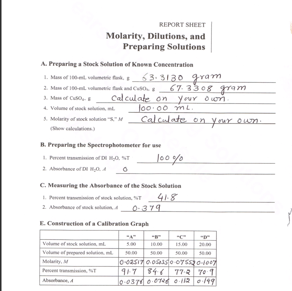 REPORT SHEET Molarity, Dilutions, and Preparing