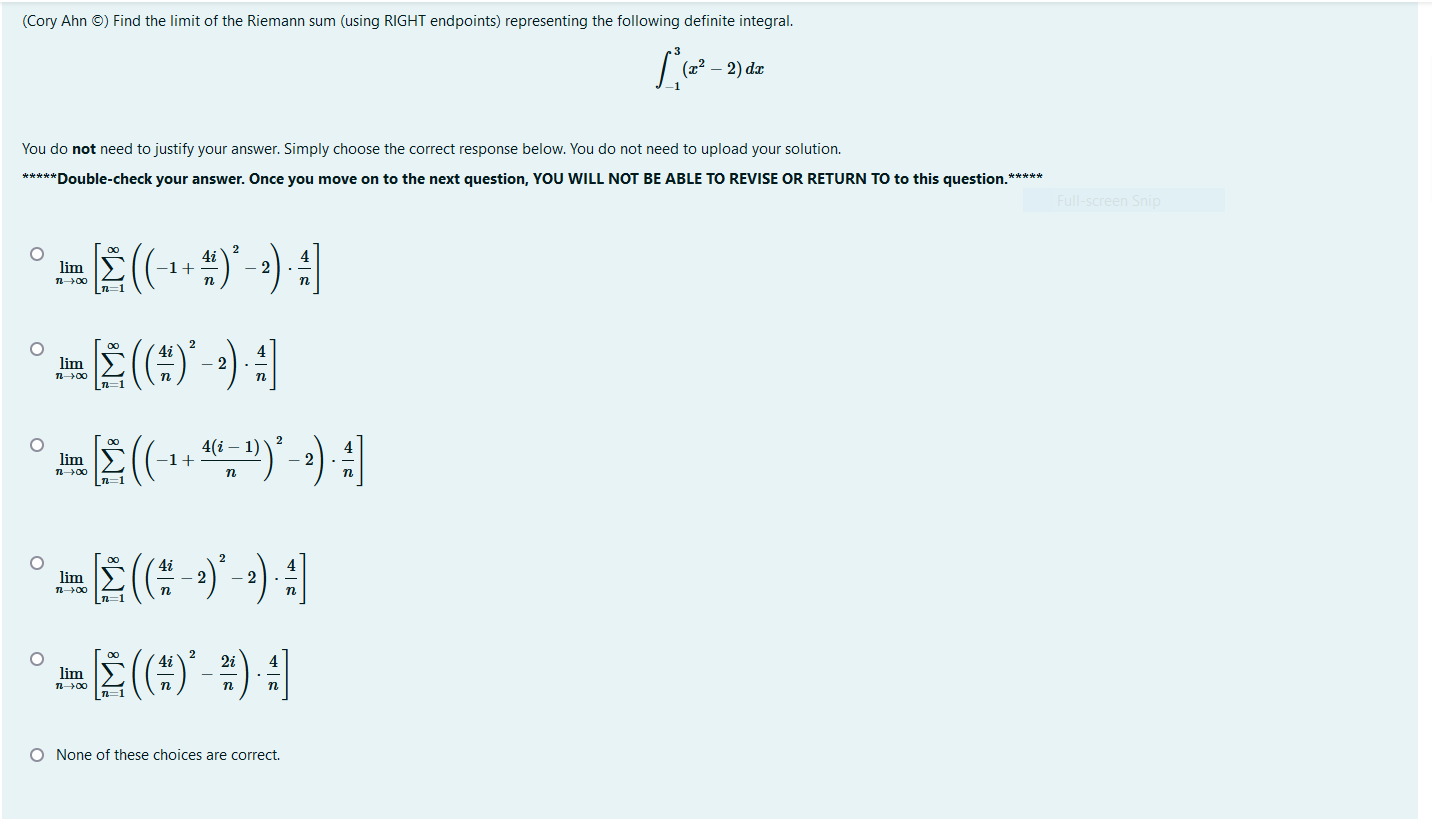 Solved (Cory Ahn) Find the limit of the Riemann sum (using | Chegg.com